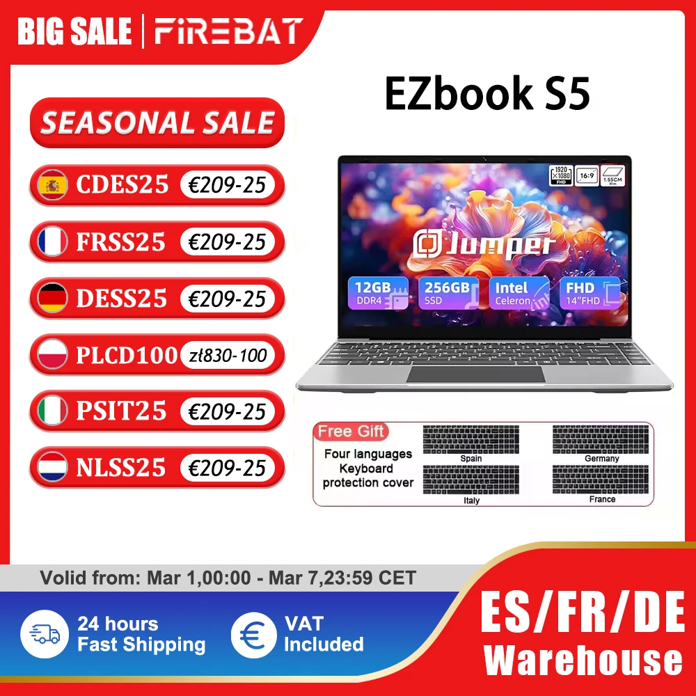 Jumper EZbook S5 ordinateur portable 14 pouces, 12 Go de RAM 256 Go SSD, processeur Intel Celeron J4105 ordinateur portable, deux haut-parleurs, type-c, mini HDMI