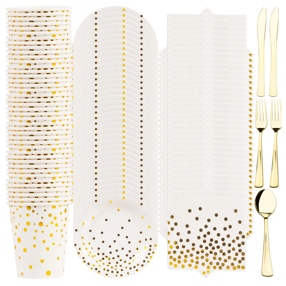 White and Gold Disposable Tableware Set Golden Dot Party Decorations Paper Plates Cups Napkin Kids Birthday Baby Shower Wedding
