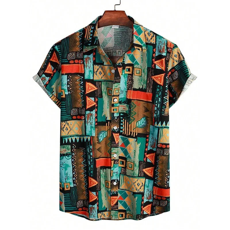 thumbnail image 1 of Camisa hawaiana con estampado retro de flores y empalmes para hombre, blusas de manga corta con botones y solapa, estilo hawaiano, para verano, 1 of 5