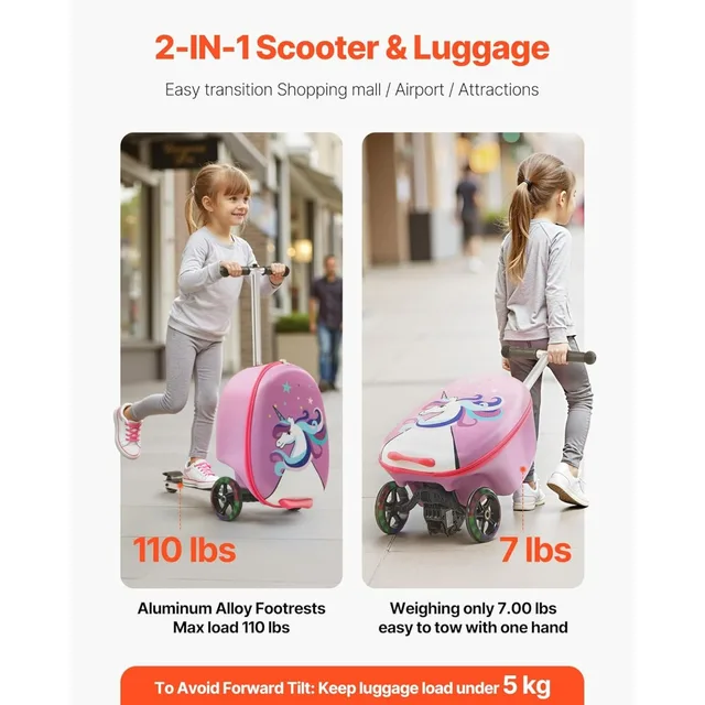 20L 20 Inch Purple Kids Ride-on Luggage Scooter Suitcase Flash PU Wheels Adjustable Handle TPR Grip Foldable for 5+ Kids Travel
