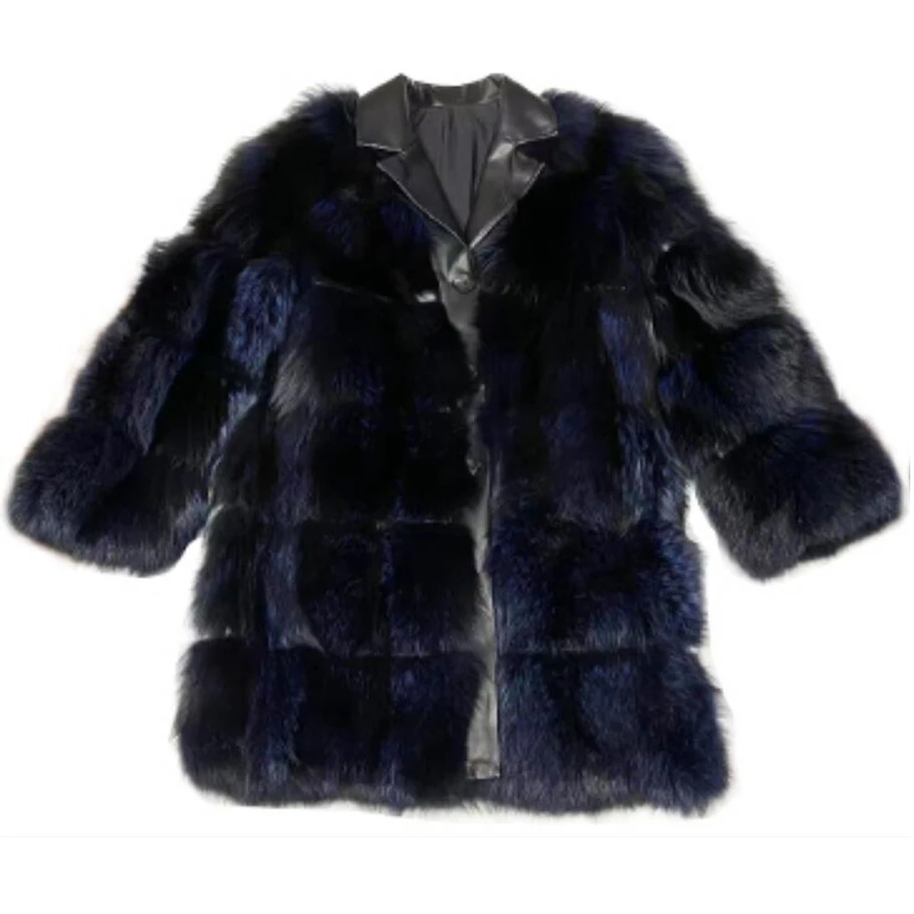 Denny&Dora Men's Fox Fur Coat Long Style Fox Fur Jacket Notched Collar Luxury Fur Overcoat Winter Warm Coats