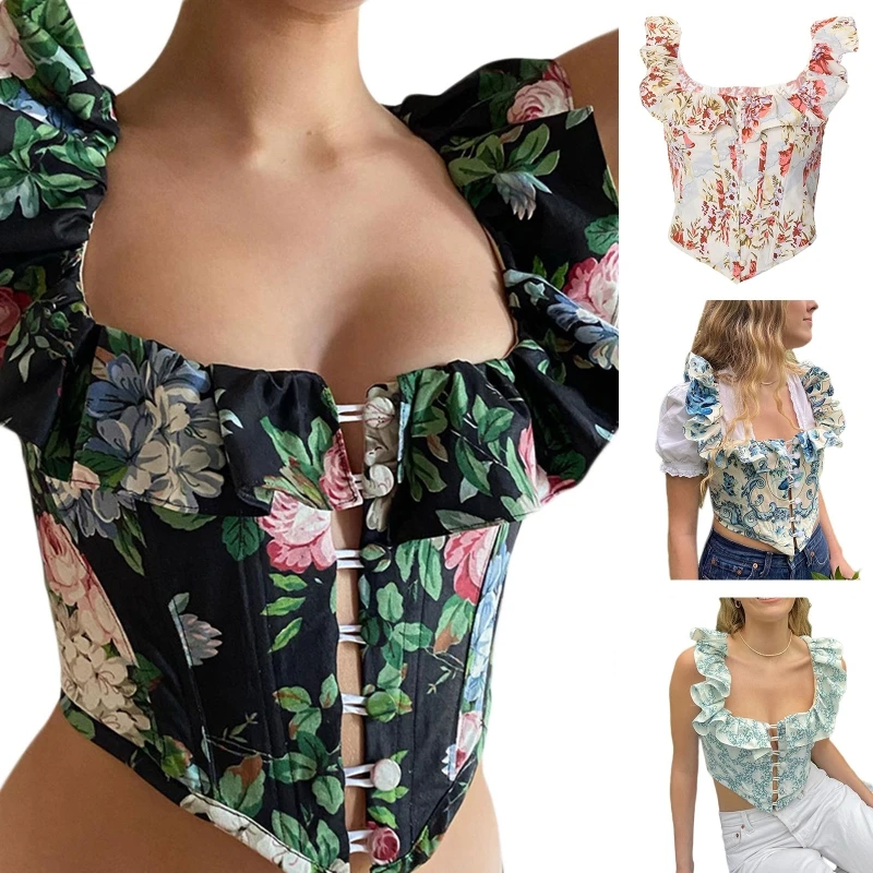

Sexy Women Corset T-shirt Elasticity Woman Floral Printing Slimming Wrap Tunic