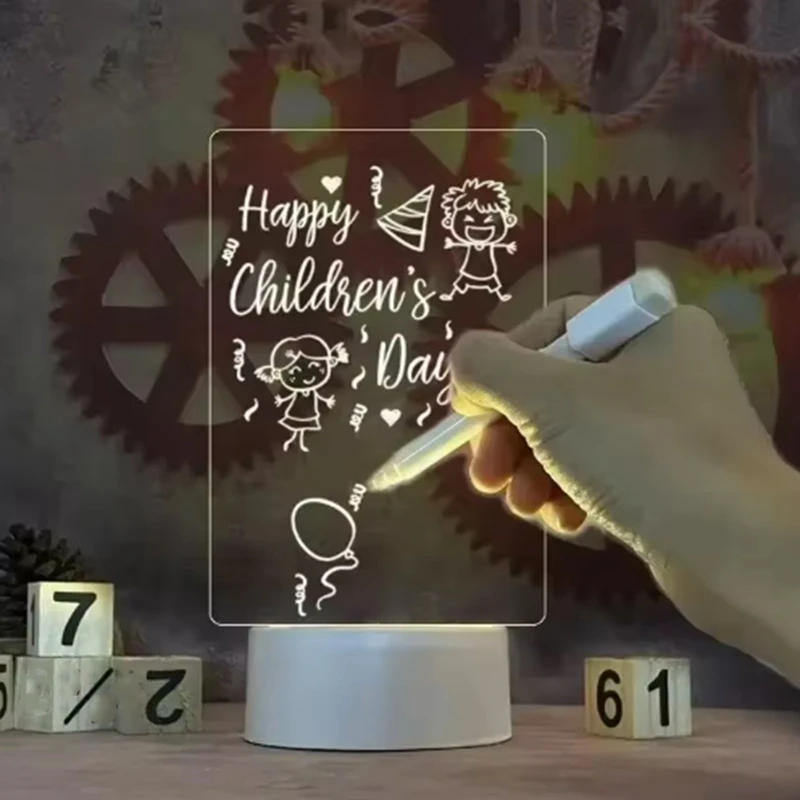 ABUI-Diy Drawing Board LED Acrylic Message Board With Pen Erasable Children's Drawing Letter Message Night Lamp