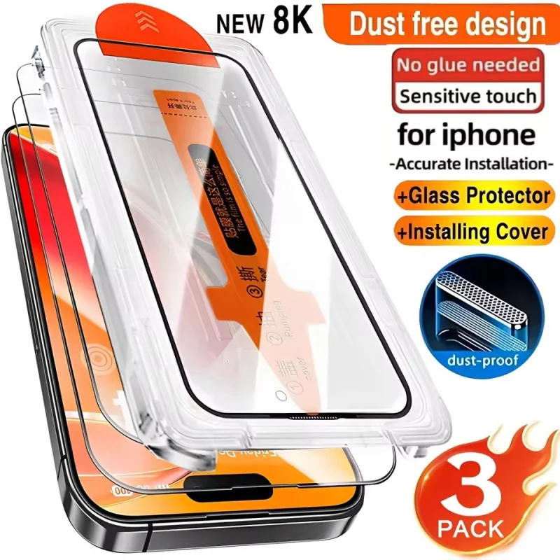 3pcs HD Tempered Glass Screen Protectors for iPhone 17 16 Pro Max 15 14 11 12 13 mini Scratch-Proof Dust-Free Installation 1