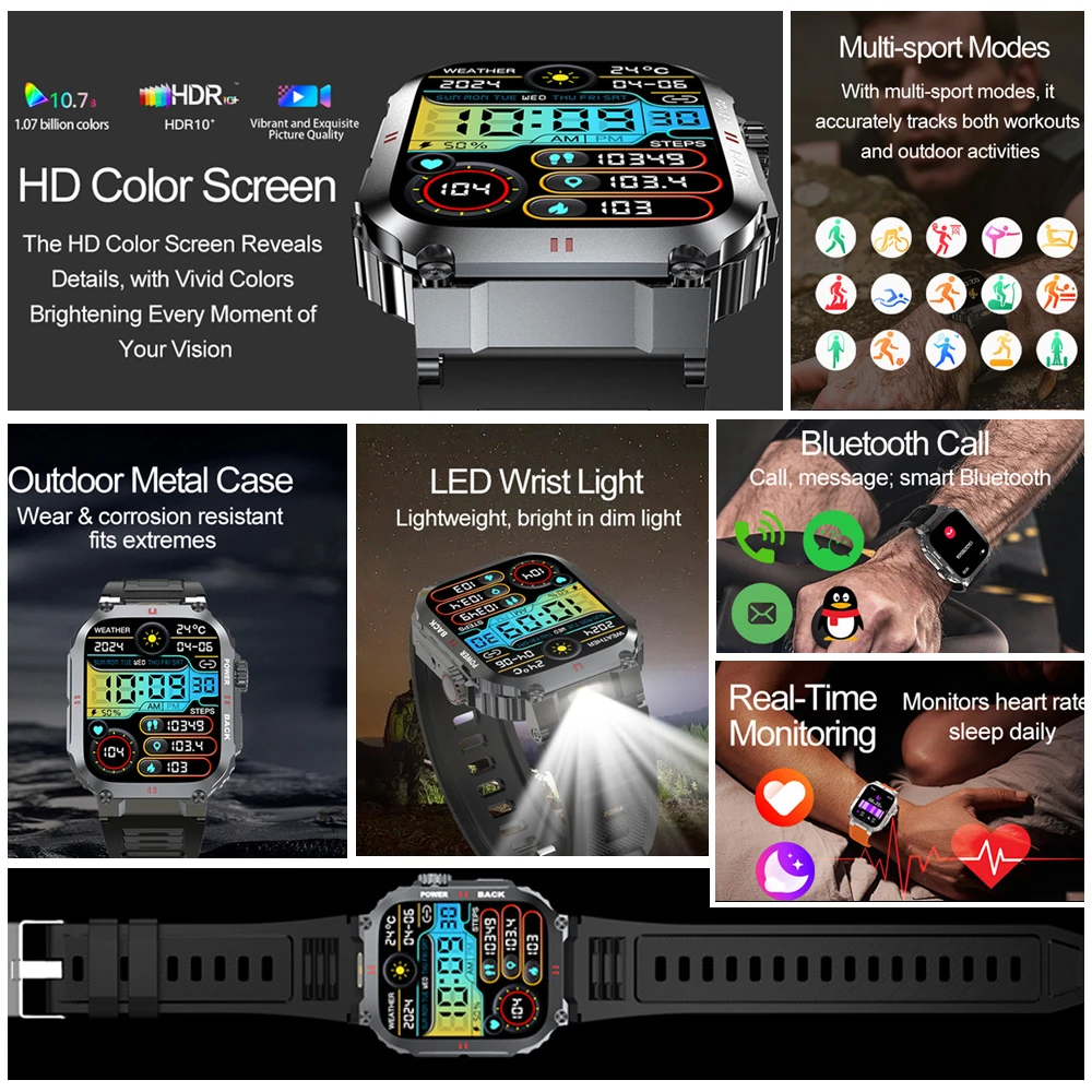 GPS Outdoor Sports Military Smart Watch Men LED Lights Health Monitoring AI Voice Assistant Waterproof Bluetooth Call Smartwatch