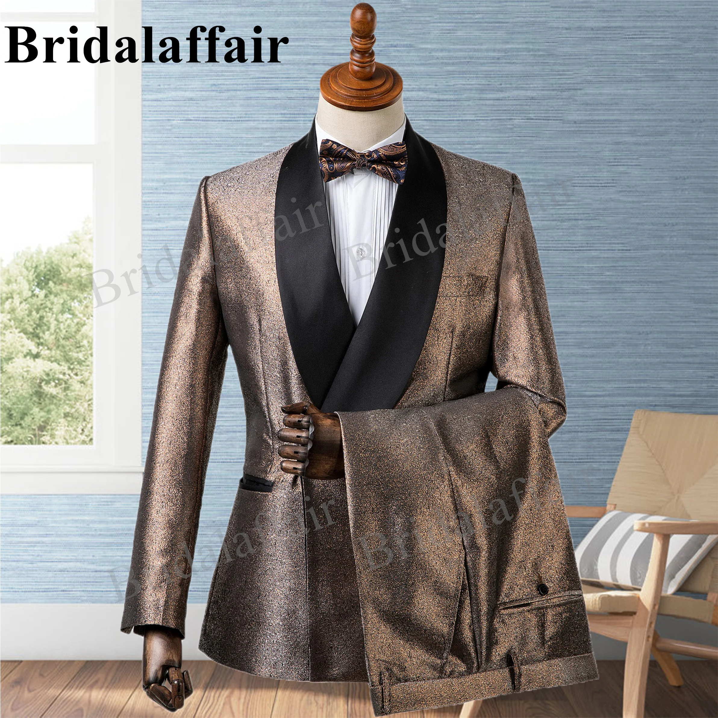 Bridalaffair Mens Pink Suits Wedding Suits Tuxedo for Men 2pcs Blazer Coat Pant Set Slim Fit Printed Shawl Lapel Costume Homme