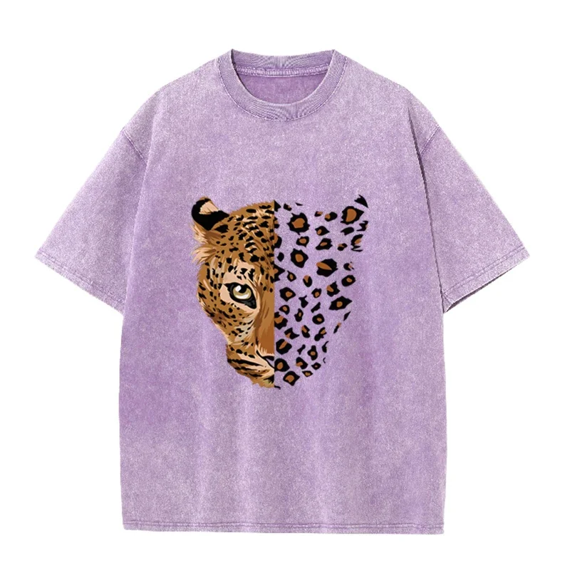 Vintage Lila Leoparden-Grafik T-Shirt mit Tierdruck, Acid Wash, Oversized-Schnitt