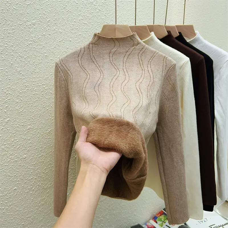 Autumn and Winter Women's New Wavy Semi-turtleneck Pullover Sweater Fashion Slim Solid Color Knitwear Integrated Fleece Top