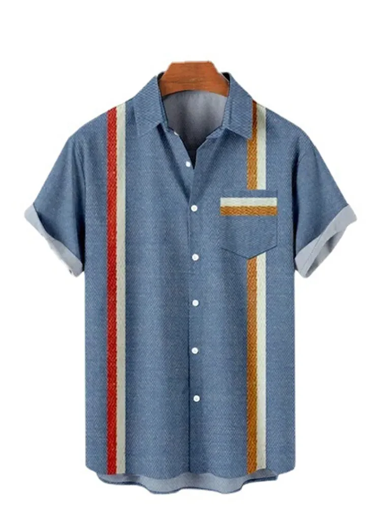 2022 Hawaiian Shirt for Men Orange Green Striped Refreshing Beach Style Fashion Trend Shirt Men and Women Seaside Holiday Shirt