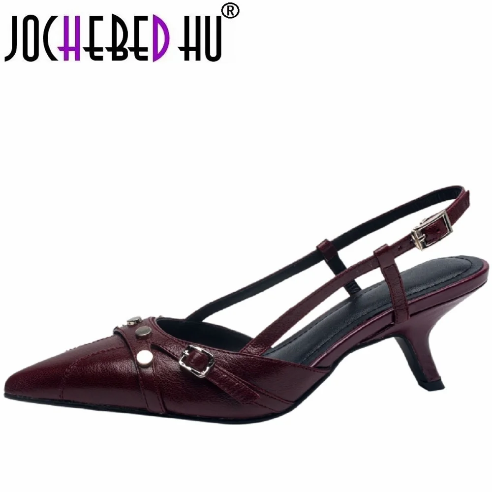 

【JOCHEBED HU】Women Brand Genuine Leather Slingbacks with Buckles Stiletto Heels Sexy Pointed Toe Shoes