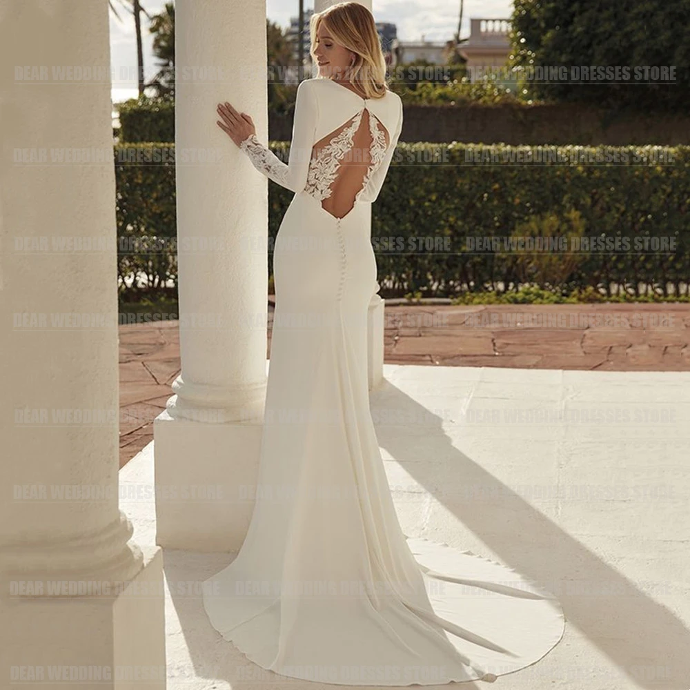 Sexy Elegant Wedding Dresses Woman's Mermaid Long Sleeve Train Sexy V Neck Backless Satin Bride Gowns Vestidos Novia Customized 4