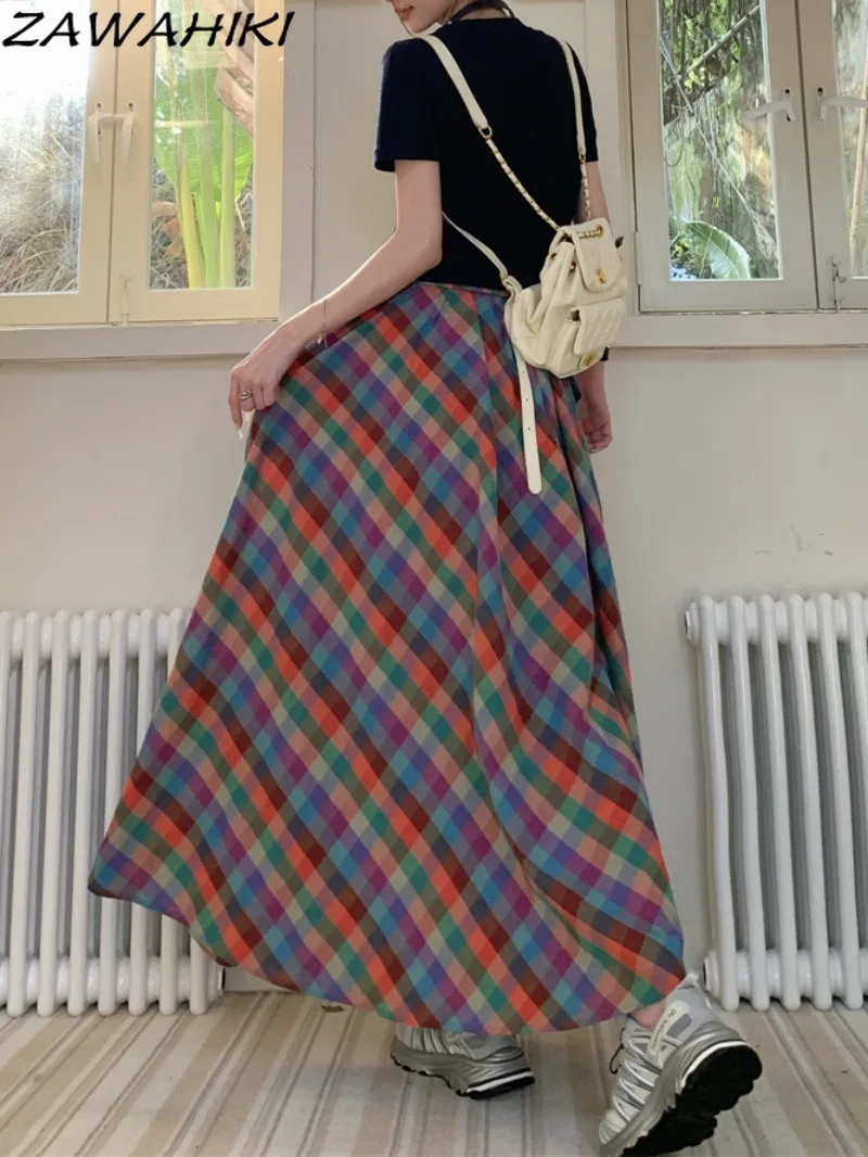 

French Fashion Vintage Plaid Loose Women Summer A-line Long Skirt High Waist Contrast Color Casual Temperament All Match Faldas
