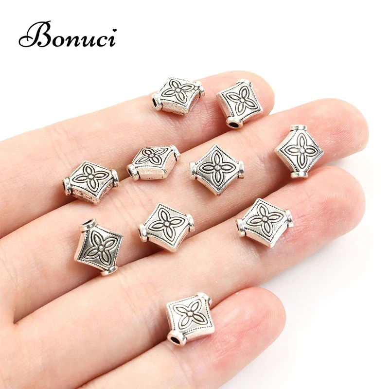 

20pcs Vintage Rhombus Metal Beads Antique Silver Color Four Leaf Clover Spacer Beads for Making DIY Handmade Bracelets Findings