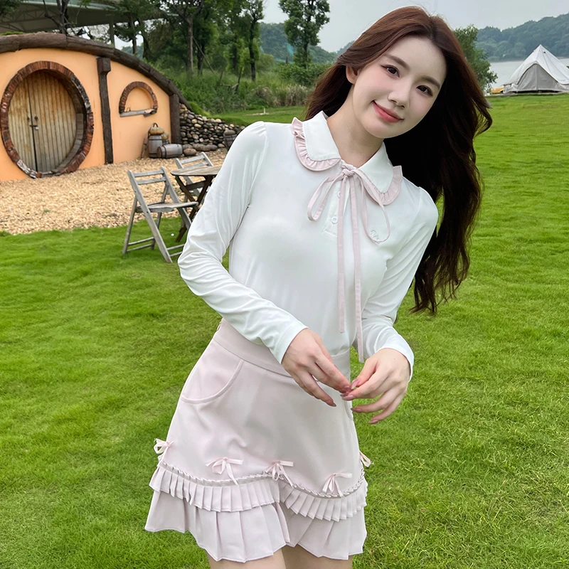 Golf Clothing Women Long-Sleeve Polo Shirt Ruffle Collar Elastic Tennis Tops Lady Pleated Bow Skirts High Waist Golf Skorts