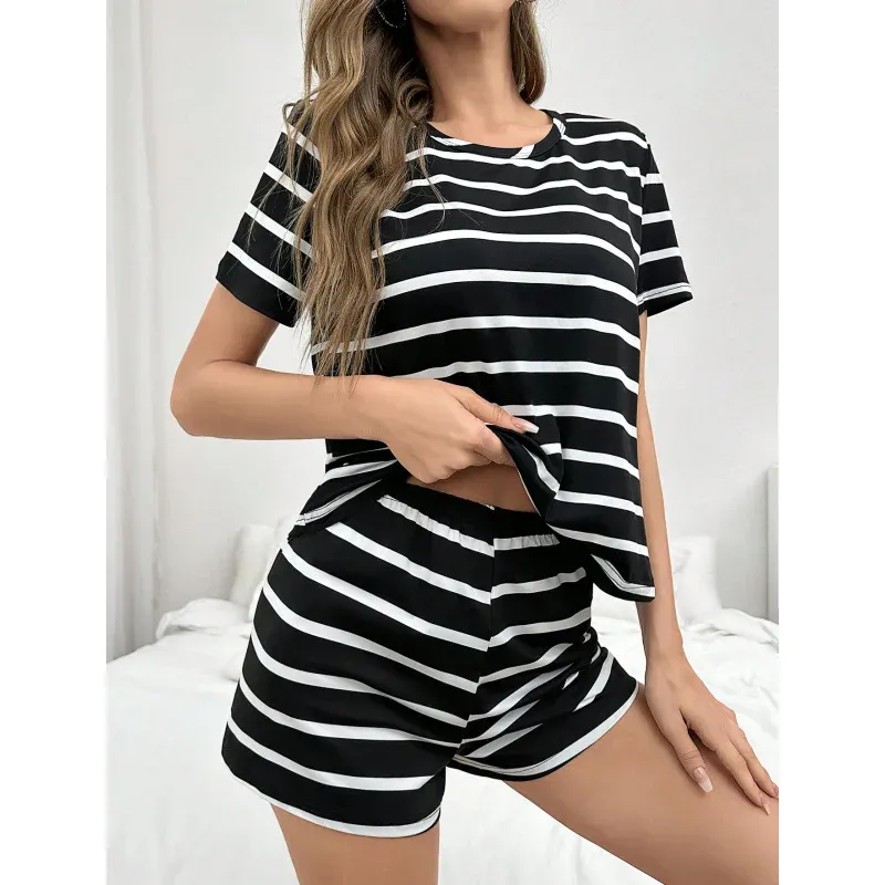 Wearable Women's Pajamas Fashion Simple Striped Round Neck Short Sleeve Shorts Set, Comfortable Skin-friendly Sleepwear Homewear