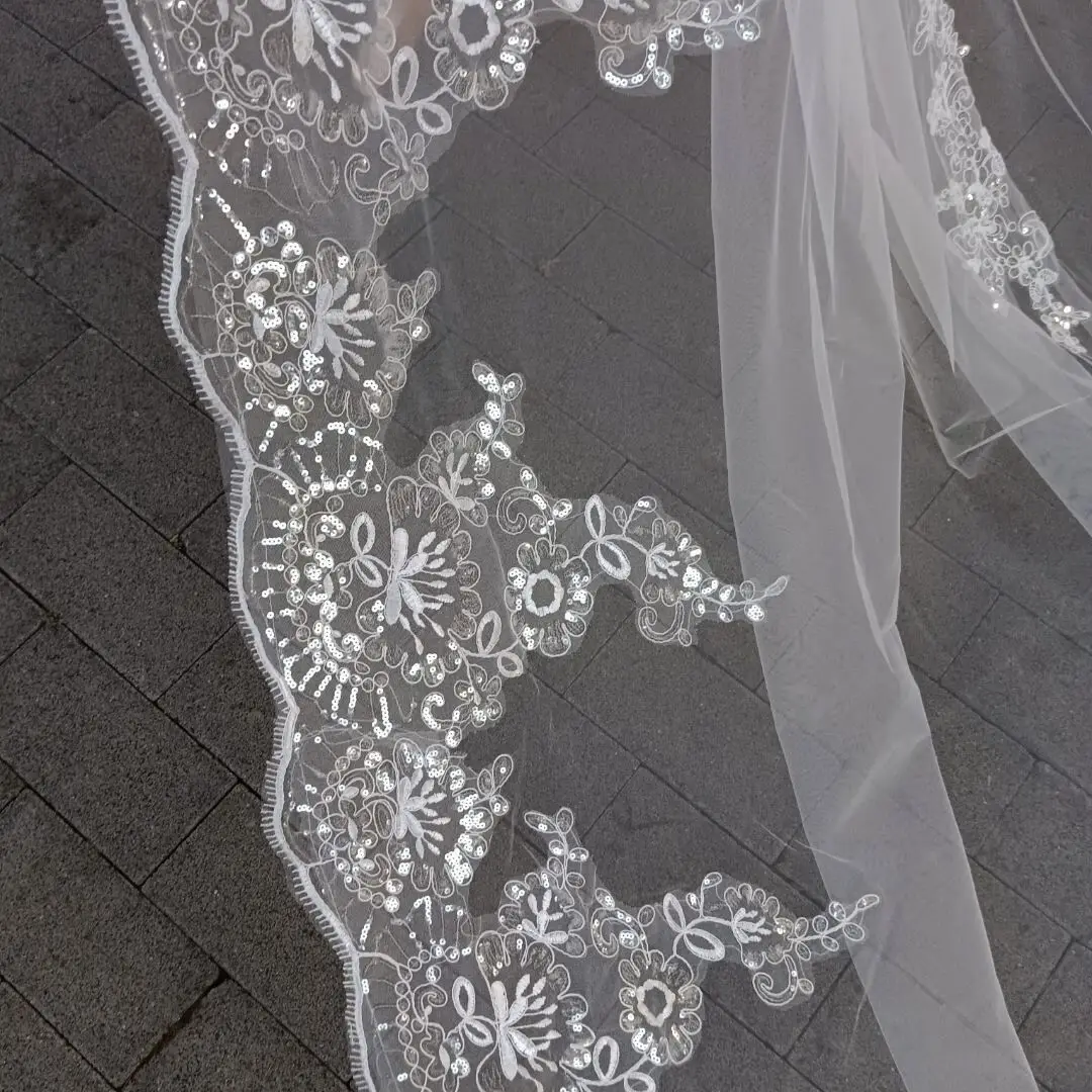 Real Photo Wedding Veil Lace Edge Long Bridal Veil Applique Sequins With Comb Cathedral One-Layer 5m bridal veil