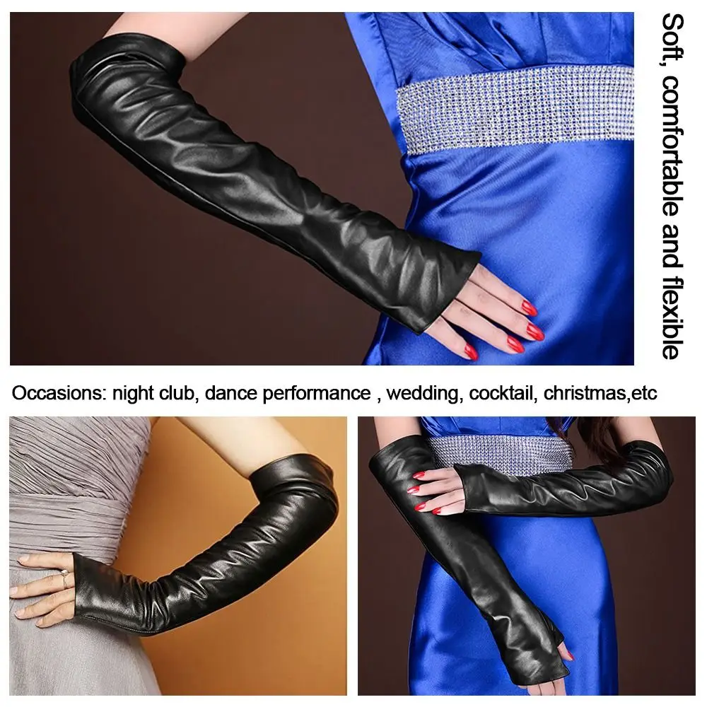 

Women Thin Long Elasticity Nightclub Show Mitten Solid Color Leather Gloves Fingerless Mittens Cosplay Gloves Arm Sleeve