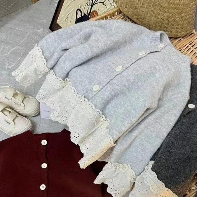 여아용 다용도 레이스 엣지 니트 가디건, 한국 에디션 스플라이싱 스웨터 코트, 2024 가을