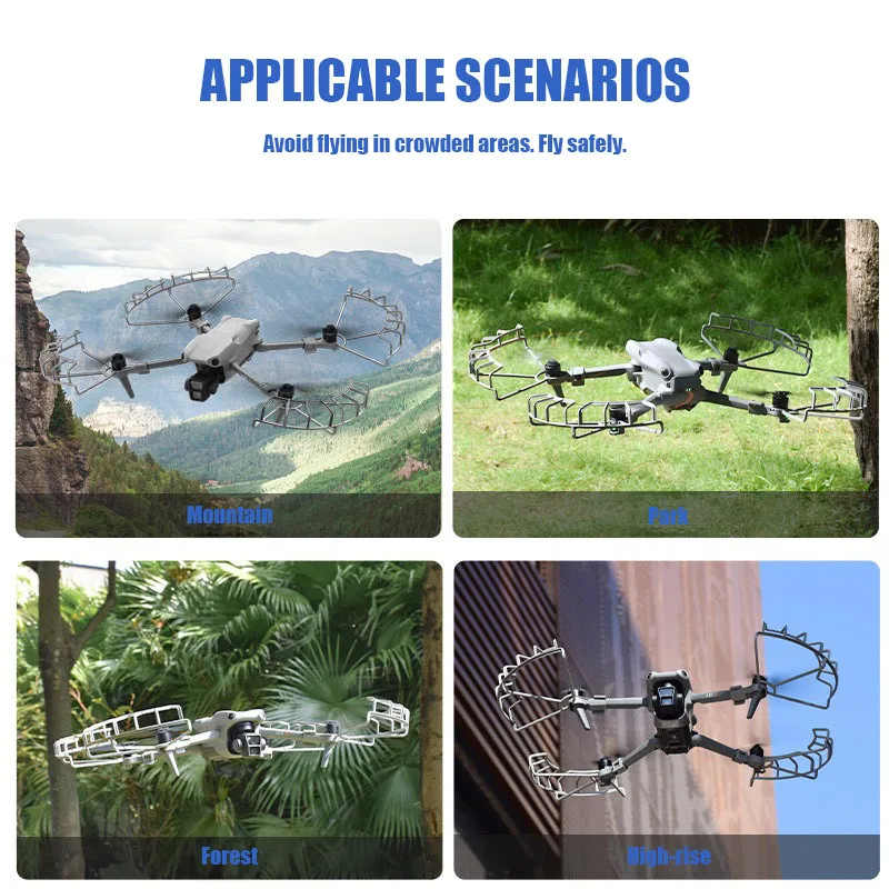 Drone DJI Air 3 équipé de son protège-pales gris, housse légère anti-collision pour le transport