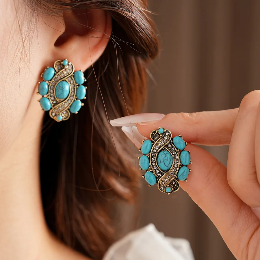 1/2 Pcs Vintage Cross Blue Oval Pendant Neckalces for Women Mediaeval High-End Dangle Earrings Statement Banquet Jewelry Sets N 4
