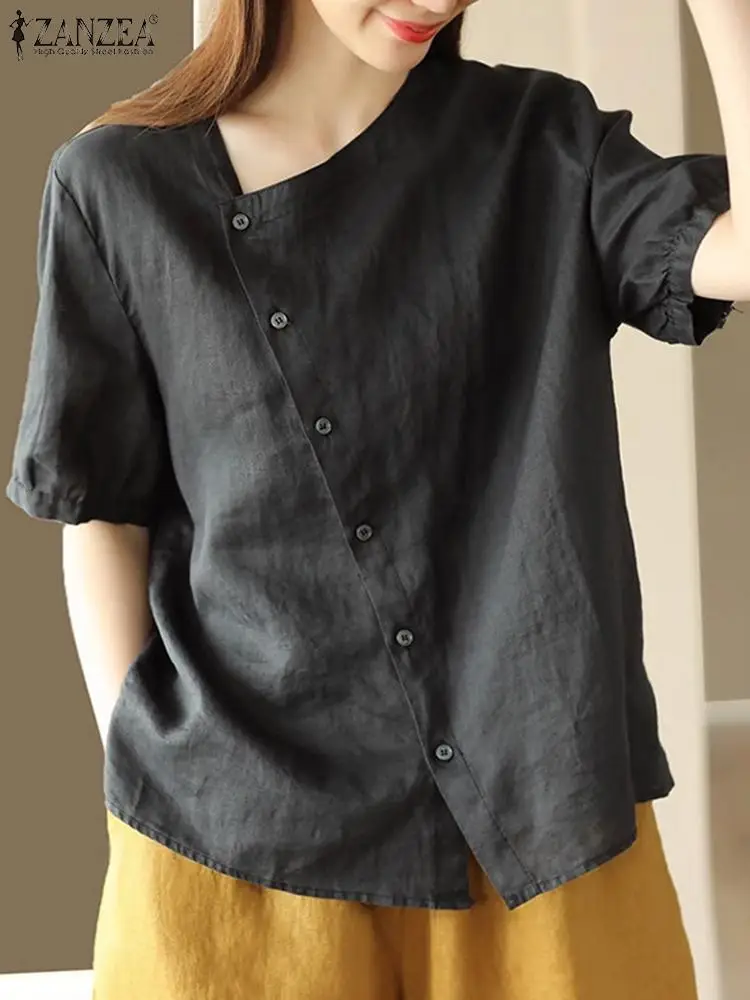 

ZANZEA Summer Women Vintage Solid Cotton Shirt Casual Short Sleeve Blouse Female Work Blusas Chemise Buttons Down Tops Tunic