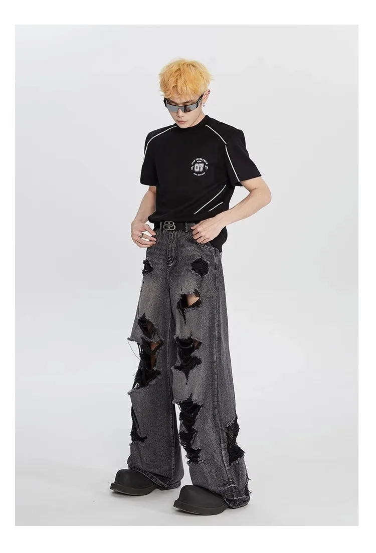 Description Picture 6 of itemRipped Jeans Men Vintage Baggy High Street Fashion Handsome American Style Unisex Hip Hop Personality All-match Wide Leg Trouser