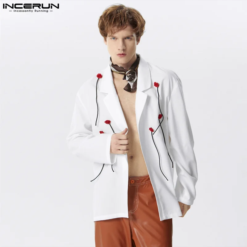 

INCERUN Tops 2024 Fashion New Men Splicing Rose Decoration Suit Coats Casual Party Shows Male Long Sleeved Cardigan Blazer S-5XL