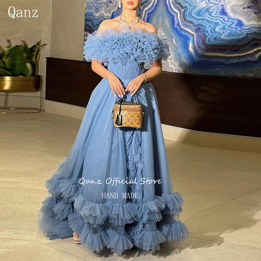 

Qanz Blue Long Evening Dresses Ruched Strapless A Line Off The Shoulder Corset Black Formal Occasion Dresses Abendkleider Dubai