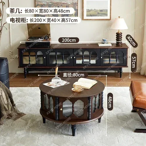 French Retro Solid Wood Coffee Table TV Cabinet Combination round Changhong Glass Tea Table