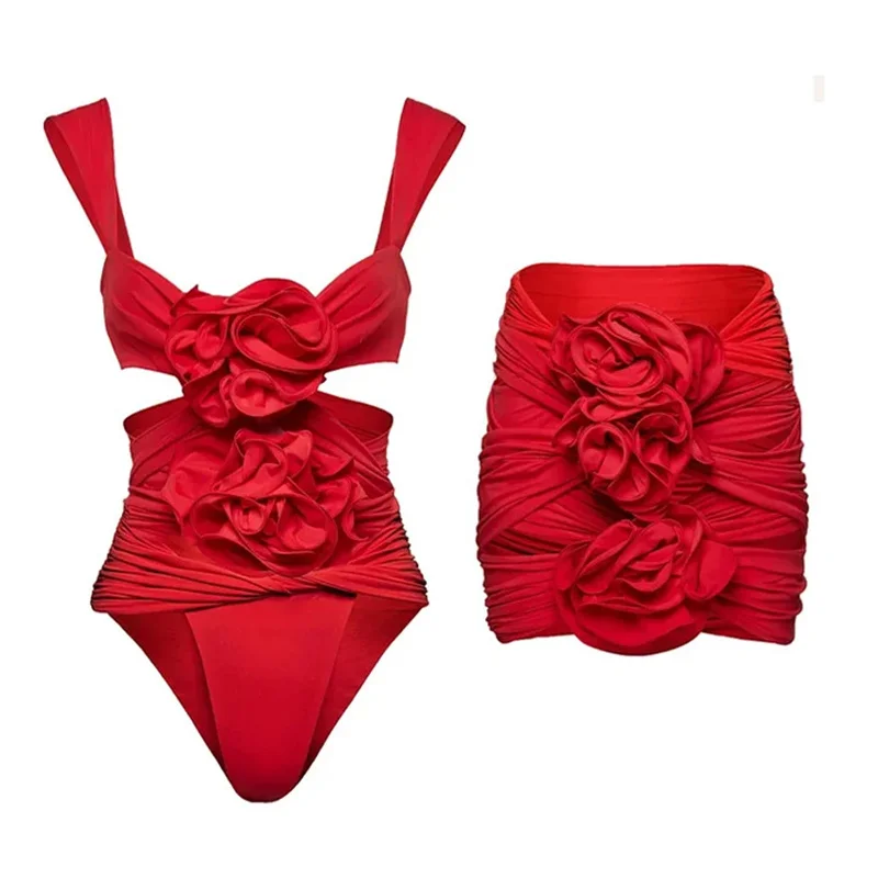 

2024 New Fashion 3D Flower Cutout One Piece Swimsuit and Skirt Summer Vintage Swimwear Women Beachwear Bathing Suit Monokini