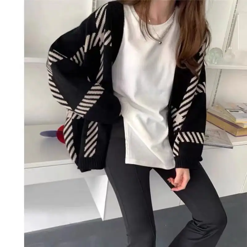 New Black Striped Knitted Cardigan Women's Spring and Autumn Fashion Loose Lazy Style Simple Versatile Sweater Jacket