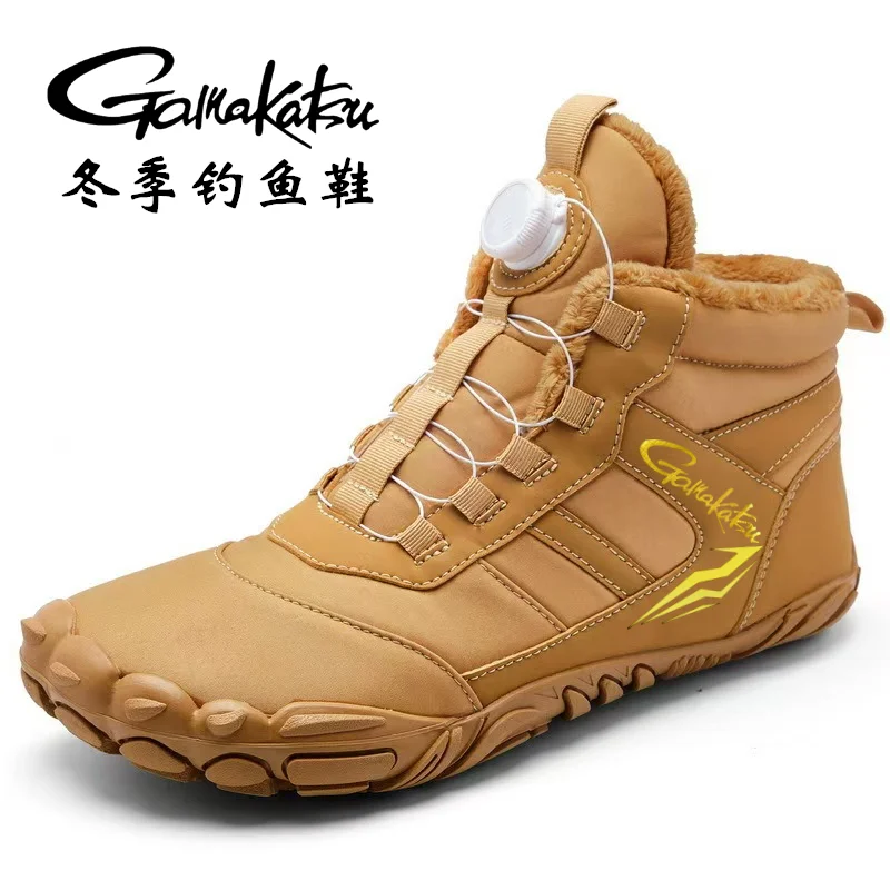 New Gamakatsu Winter Men's Fishing Shoes Waterproof Non-slip Warm Fleece Snow Shoes Rubber Spiral Buckle