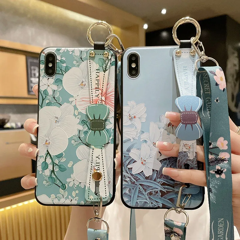 Floral Crossbody Lanyard Phone Case with Bow Design and Adjustable Neck & Wrist Strap