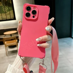 Elegant Crossbody Necklace Lanyard with Wide Strap - Frosted Silicone Case and Soft Back Cover - iPhone 15 (Rose Red)