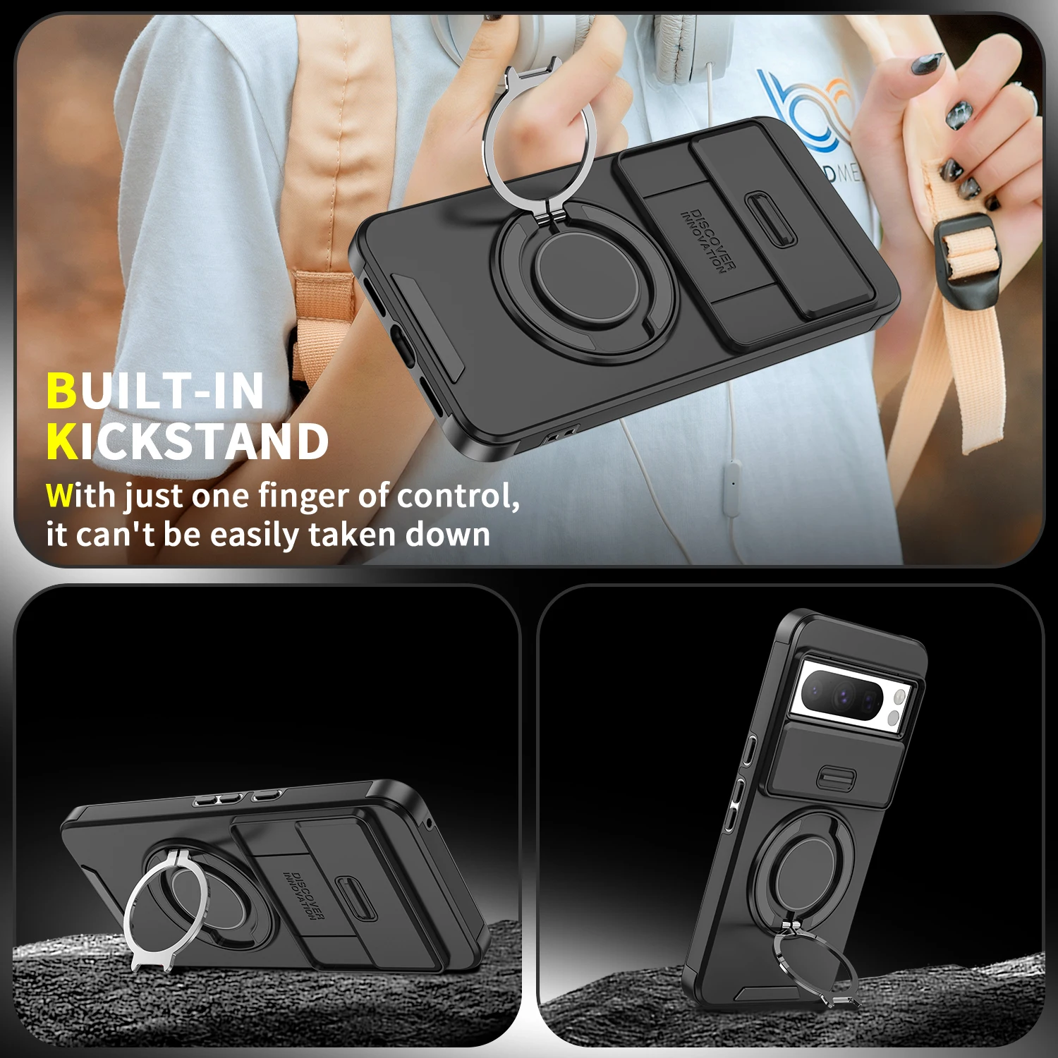 Premium Phone Case with Lifting Protection Lens, Bracket, and Magnetic Ring Suction