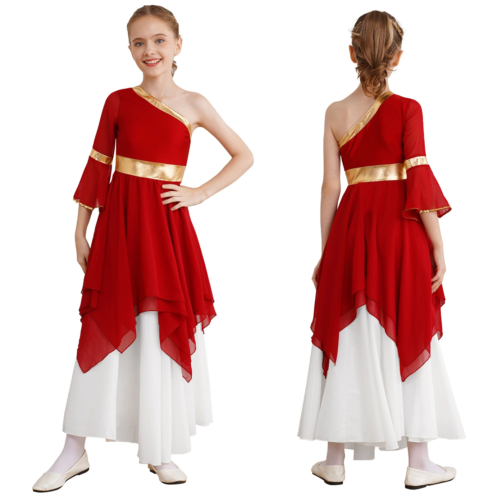 thumbnail image 1 of Vestido de baile lírico de Ballet con un hombro para niñas, vestidos metálicos con dobladillo Irregular y manga acampanada, disfraz de adoración cristiana, 1 of 5
