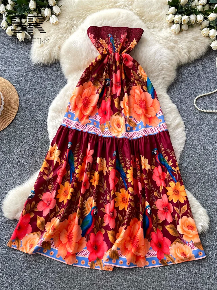 SINGREINY Vacation Print Sundress Female Strapless Slim High Waist A-line Shirred Stretchy Summer Sexy Bohemian Beach Long Dress