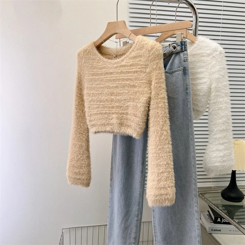 

Crewneck Hotsweet Slim Mohair Long Sleeve Knitwear Sweater for Women 2023 Autumn Winter Short Trendy Sexy Hedging Knitted Top