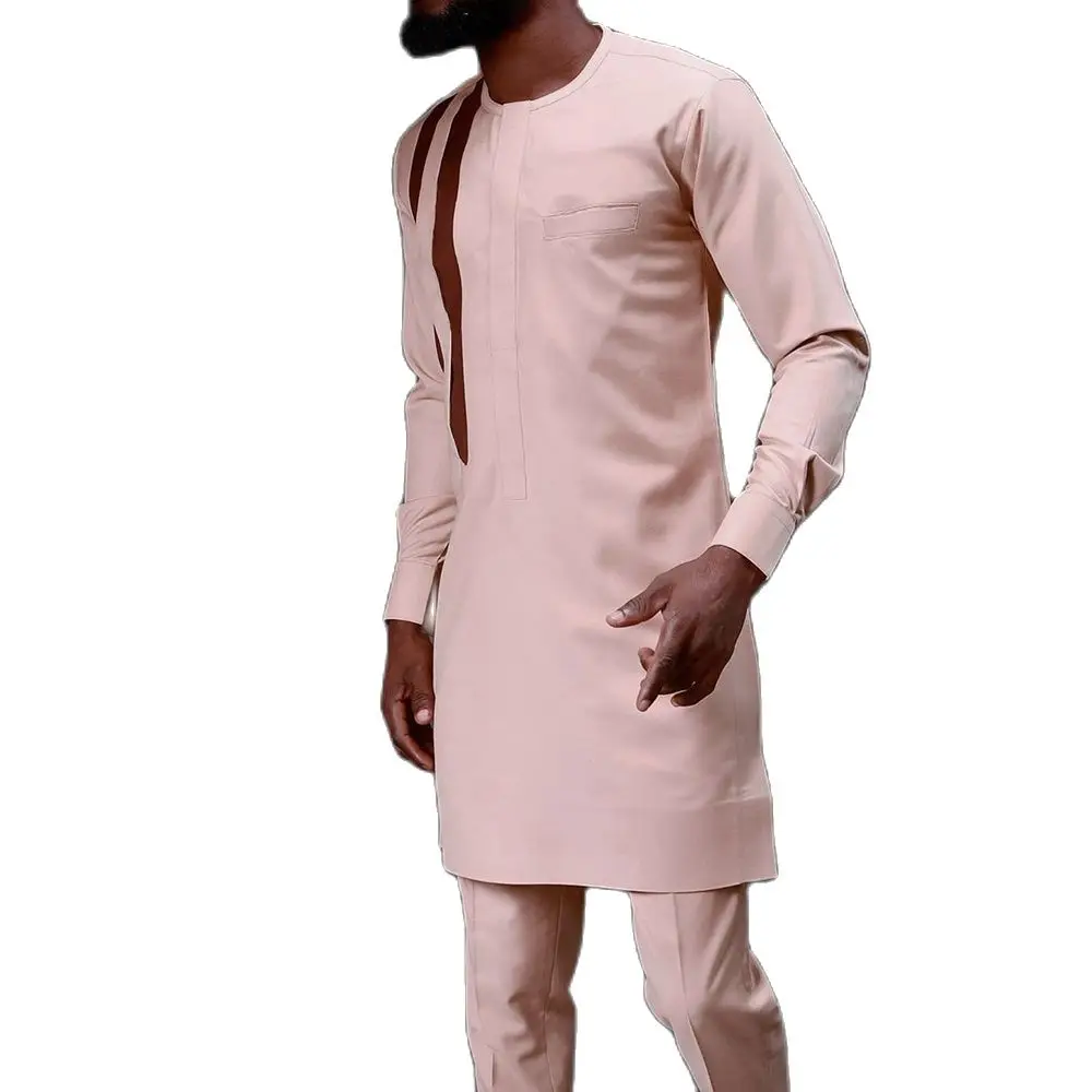 2023 New Men's Suit Top Trousers 2-piece Set Solid Color Round Neck Printed Long Sleeve Suit Wedding Dress African Ethnic Style