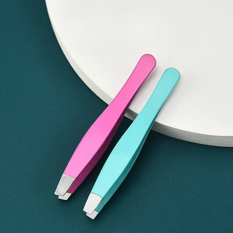 Eyebrow Tweezers Hair Removal Stainless Steel Pink Slanted Black Tip Point Face Harmless Makeup Beauty Tool
