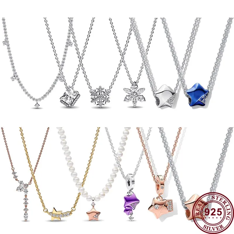 2022 New Hot 925 Silver Sparkling Snowflake Specimen Lucky Star Women's Logo Necklace Suitable For Original DIY Charm Jewelry