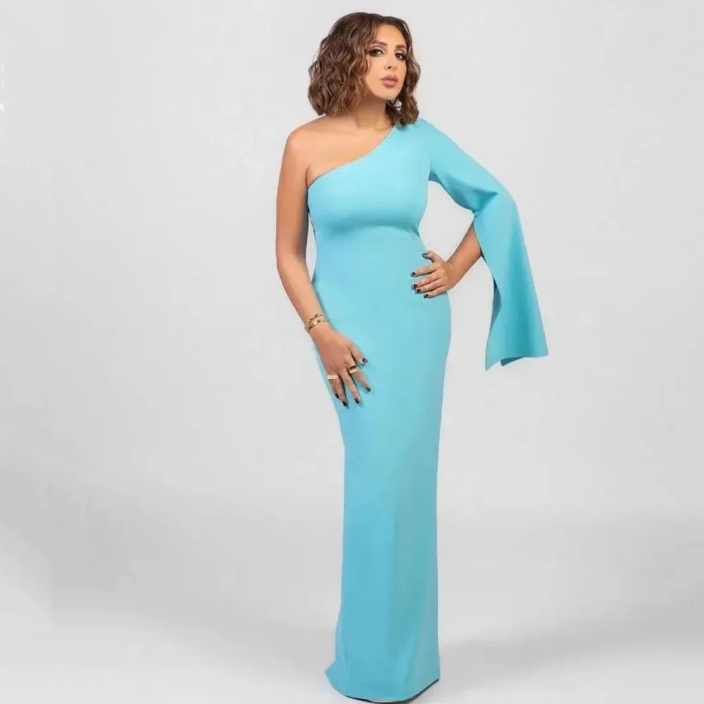 

Vintage Long Blue One Shoulder Spandex Evening Dresses Full Sleeves with Slit Straight Floor Length Robe De Soiree Femmes