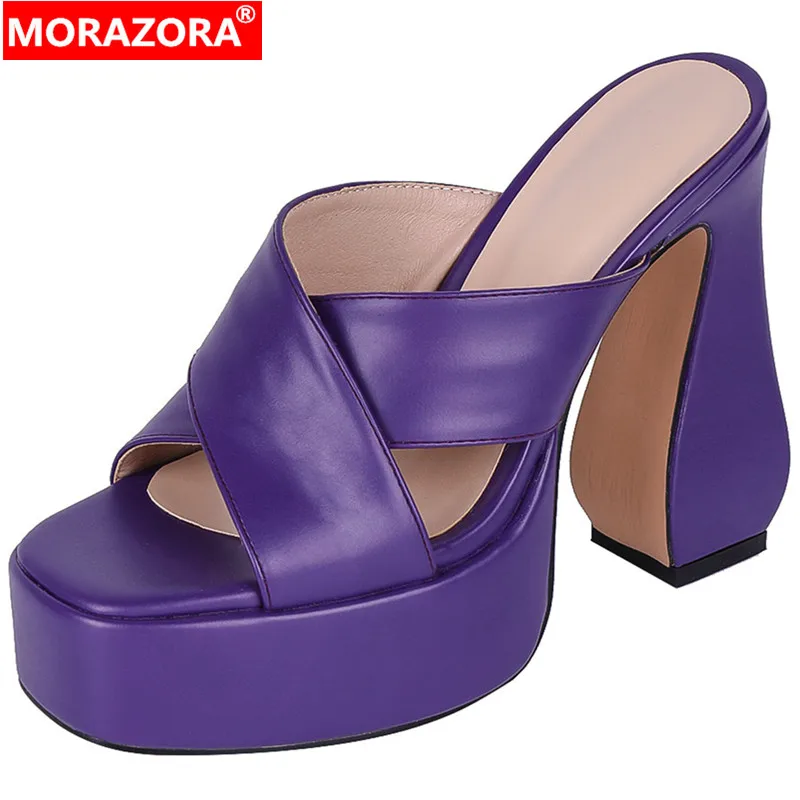 MORAZORA 2024 New Microfiber Women Slippers Strange Style High Heels Platform Slippers Popular Ladies Summer Dress Shoes