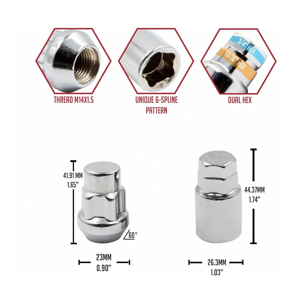 Locking Wheel Lug Nuts m14x1.5 Dual Hex Key Fits Chevrolet 2010+ Camar, Chrysler 2005+ 300, Charger Challenger