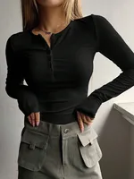 Femmes automne printemps haut col rond bouton à manches longues chemises couleur unie coupe ajustée pull T-shirt Blouse Style Simple dame Costume 2