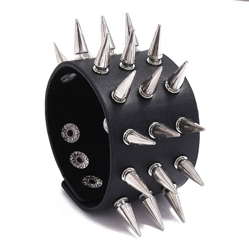 Personality Hip Hop Men Spiked Rock Bracelet Women Vintage Punk Cosplay Black PU Leather Wrap Bracelet Bracelet Jewelry