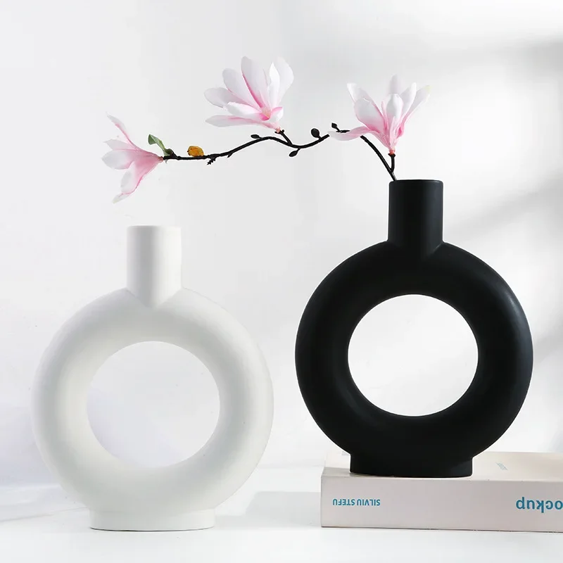 

Nordic Circular Hollow Ceramic Vase Donuts Flower Pot Home Decoration Accessories Office Desktop Living Room Interior Decor Gift