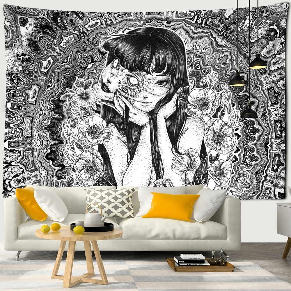 Japanese Horror Anime Wall Hanging Tapestry Mysterious Tapiz Cartoon Horror Illustration Kawaii Art Room Home Decor tapestry decorations