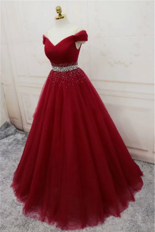 

ANGELSBRIDEP V-Neck Off-Shoulder Tulle Evening Dress Longo Fashion Crystal Waist Lace-up Celebrity Formal Party Gown Backless