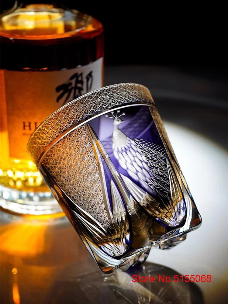Peacock Open Screen Edo Kiriko Manual Cut Purple Crystal Glass 
